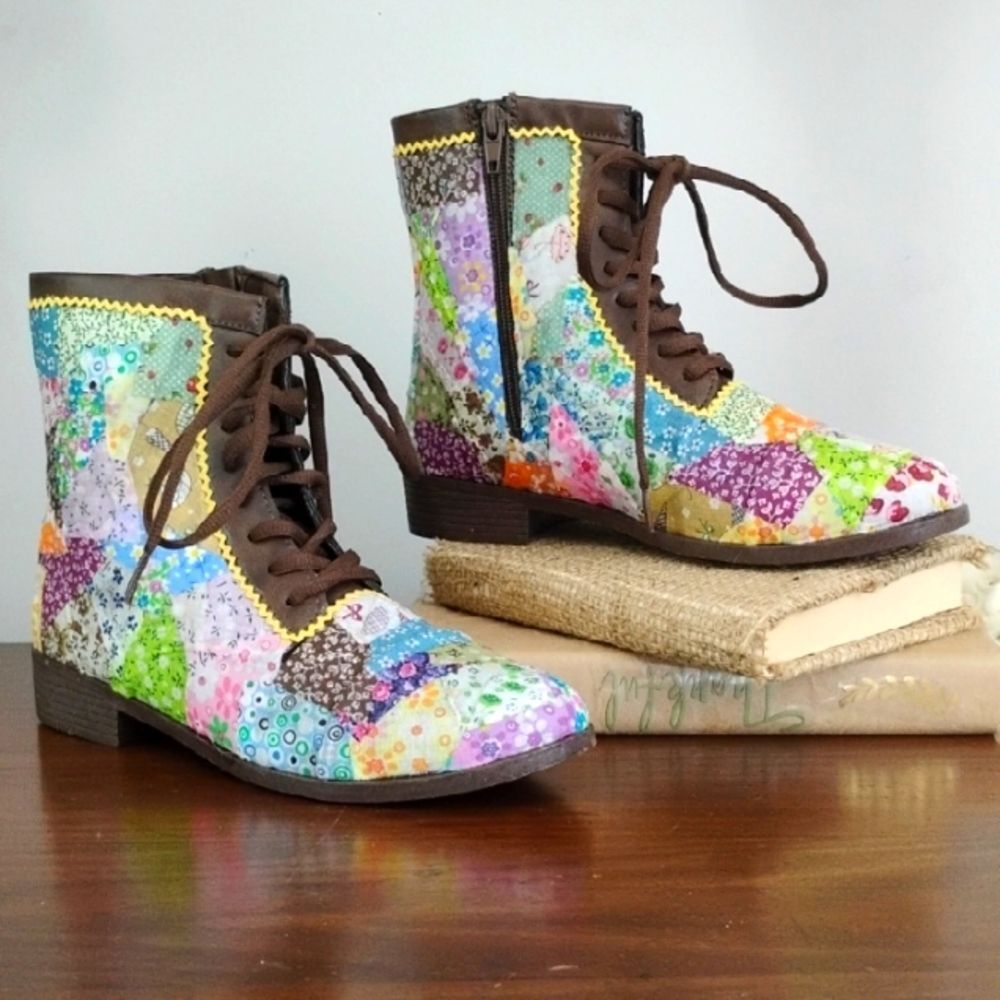 Custom Granny Boots Prairie Patchwork One of a kind Wearable Art Booties Sz 7